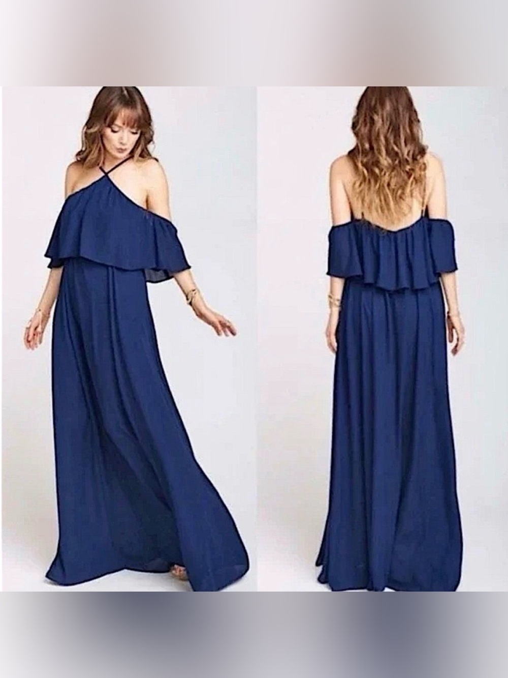Show Me Your Mumu Off-Shoulder Navy Maxi Dress with Flounce Overlay